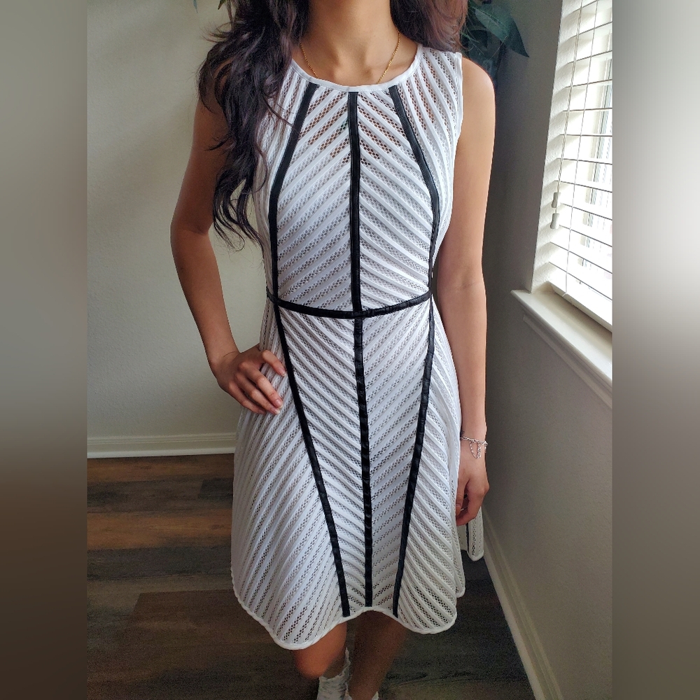 Milly White Architectural Seam Leather Trimmed Dress 0
